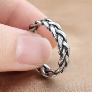 Retro punk style braided chain ring in antique silver finish for men and women