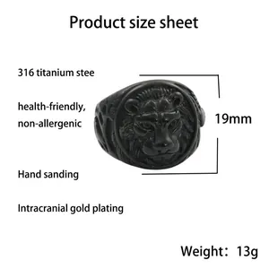 Men's retro lion head ring in black titanium steel with detailed size and weight specs