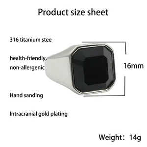 Men's vintage titanium steel ring featuring an octagonal black gemstone with a silver finish
