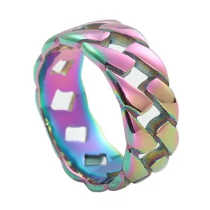 Bague chaîne cubaine arc-en-ciel en acier titane au design punk évidé vintage