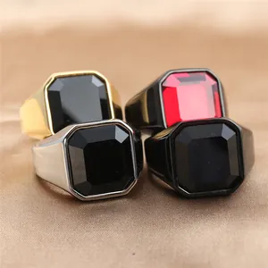 Vintage Men's Stainless Steel Ring With Emerald Cut Large Gemstone Punk Polished Black Red Tiger Eye Stone Signet Ring Jewelry