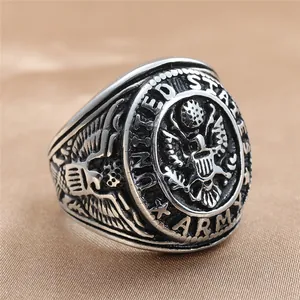 Detail of vintage stainless steel eagle ring featuring United States Army insignia