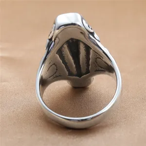 Vintage stainless steel coffin skull ring with punk gothic carved patterns for men