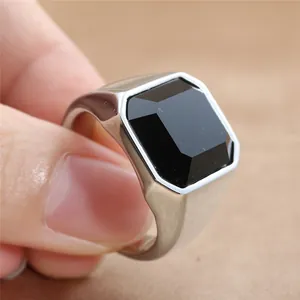 Vintage stainless steel ring for men featuring a large octagonal faceted black gemstone