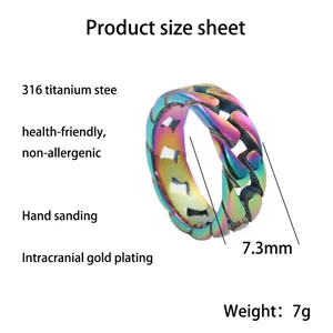 Rainbow plated titanium steel Cuban chain ring for men featuring a 7.3mm wide punk style band