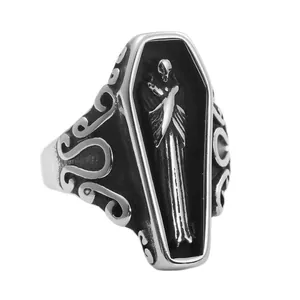 Gothic Vintage Coffin Skull Ring For Men 316 Stainless Steel Titanium Steel Punk Biker Grim Reaper Skeleton Ring Halloween Party Jewelry