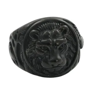 Men's retro black lion head ring in punk style made of matte stainless steel
