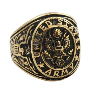 Detailed relief of the eagle emblem and United States Army engraving on golden signet ring