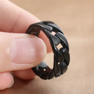 Men's punk black titanium steel ring featuring a vintage Cuban chain link design