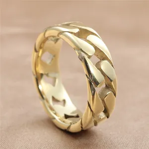 Polished gold flat cuban link chain ring for men and women in punk street style