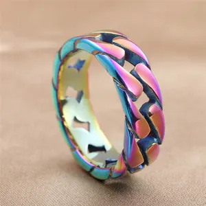Macro shot of iridescent flat chain ring showing rainbow plating on stainless steel
