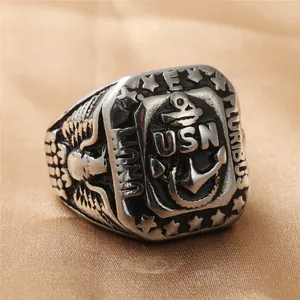 Vintage USN Navy Anchor Relief Titanium Steel Ring For Men Retro Punk Eagle Distressed Finger Ring Jewelry Gift