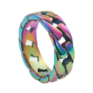 Macro shot of Cuban link ring with iridescent rainbow plating on polished stainless steel