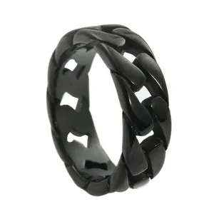 Men's retro punk black stainless steel hollow cuban link chain ring for streetwear