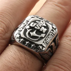 Vintage stainless steel USN anchor ring with eagle and star relief for men