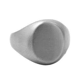 Polished silver stainless steel oval signet ring with a minimalist flat top surface