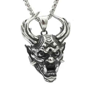 Gothic Stainless Steel Hannya Demon Mask Pendant Necklace Punk Retro Silver Black Alien Skull Necklaces For Men Hip Hop Jewelry Gift