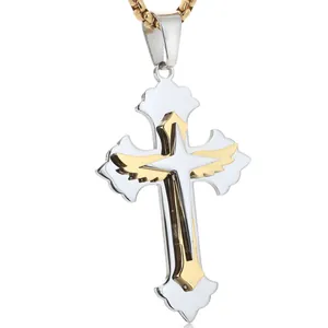 316L Stainless Steel Cross Pendant Necklace With Wing Feather Detail Religious Gothic Jewelry For Men Women Daily Accessory