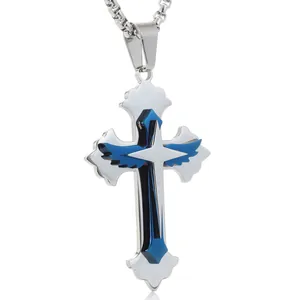 Three-layer 3D cross pendant necklace in silver and blue finish with box chain for men