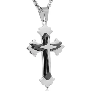 Silver cross pendant necklace with black wings and box chain for men and women