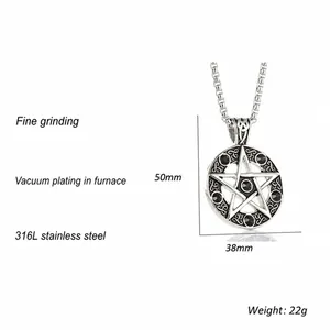 Retro 316L titanium steel pentagram necklace with six black gemstones for men and women