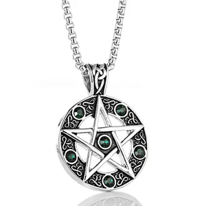 Vintage round pentagram necklace with green gems and Celtic knot on box chain