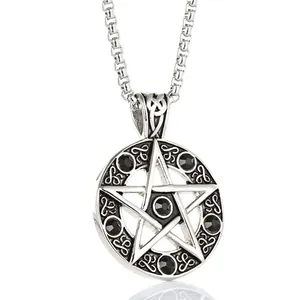 Vintage silver pentagram pendant necklace with black rhinestones and Celtic knot design