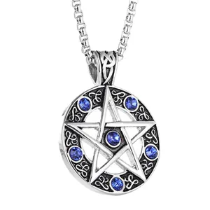 Vintage silver star medallion necklace with deep blue crystals and polished box chain