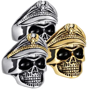 316L Edelstahl Retro Totenkopf Ring Mit Militär Offiziersmütze Adleremblem Punk Biker Herren Distressed Titanstahl Schmuck