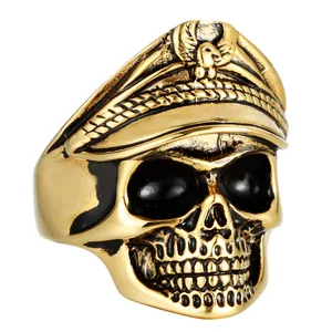 Herren Retro Gold Titanstahl Totenkopf Ring mit Militärmütze und Adler Abzeichen Design