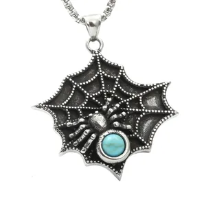 Collier Pendentif Toile d'Araignée Gothique Avec Turquoise Synthétique en Acier Inoxydable Punk Argent Antique pour Halloween Fête Unisex