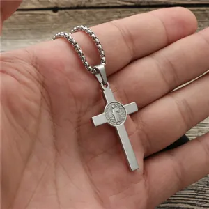 Silver stainless steel cross pendant necklace with Saint Benedict medal on bead chain