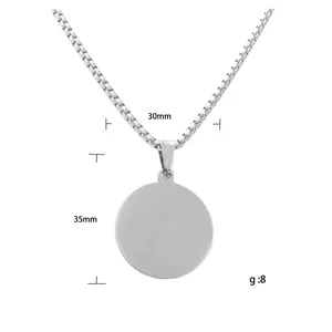 Silver round sequins pendant in stainless steel with box chain, 35mm punk necklace