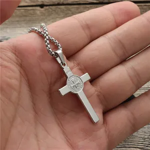 Silver stainless steel St. Benedict cross pendant necklace with a metal box chain