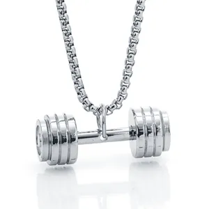 Polished silver barbell pendant necklace for fitness lovers made of stainless steel