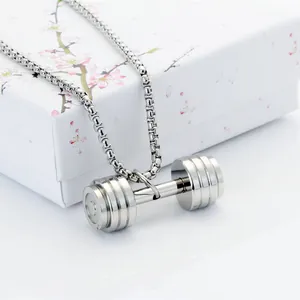 Silver dumbbell pendant necklace with box chain on a gift box for fitness lovers