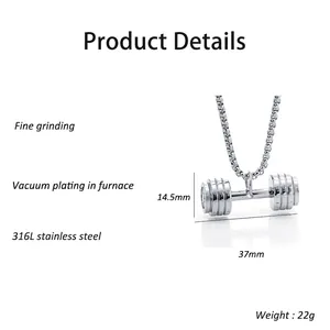 Mirror polished 316L stainless steel dumbbell pendant necklace with silver chain for fitness