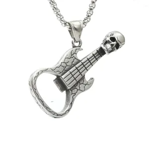Rétro Acier Inoxydable Crâne Guitare Pendentif Collier pour Hommes Rock Punk Gothique Ouvre-bouteille Bijoux Argent Antique Noir