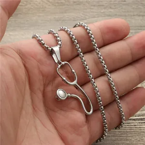 Silver stethoscope pendant necklace with a polished box chain for medical professionals