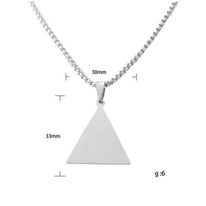 Brushed stainless steel triangle pendant necklace with box chain for men, 30mm x 33mm