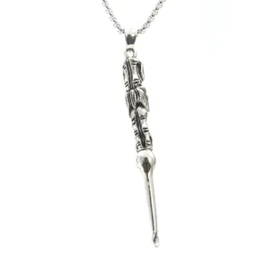 Vintage Titanium Steel Ear Pick Pendant Necklace For Men Women Punk Hip Hop Relief Pattern Dragon Carving Long Chain Jewelry