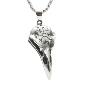 Vintage Edelstahl Wikinger Kompass Vogelschädel Anhänger Halskette Gothic Punk Antik Silber Schmuck Geschenk Für Herren Damen