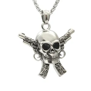Collar con Pendiente de Calavera y Pistolas Cruzadas Punk Rock para Hombre Joyas de Acero de Titanio Gótico Vintage Retro Biker Collar