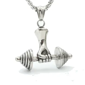 Titanium Steel Fitness Hand Holding Dumbbell Pendant Necklace For Men Women Gym Barbell Strength Jewelry Box Chain Gift