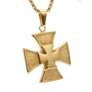Vintage Gold Titanium Steel Maltese Cross Pendant Necklace Hammered Iron Cross Box Chain Jewelry For Unisex Gift