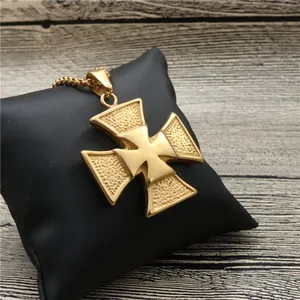 Vintage gold maltese cross pendant necklace on black leather with ball chain