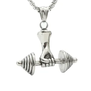 Weightlifting dumbbell pendant necklace in silver stainless steel for fitness lovers
