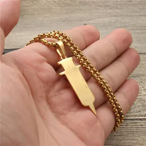 Golden syringe pendant necklace with durable stainless steel box chain for men and women