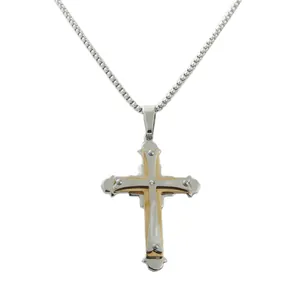 Collar con colgante de cruz bicolor en acero inoxidable y cristal con cadena box