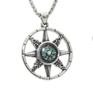 Collana con Pendente a Bussola Rotante in Acciaio al Titanio Vintage Stella a Otto Punte Gioielli Hip Hop per Uomo Donna